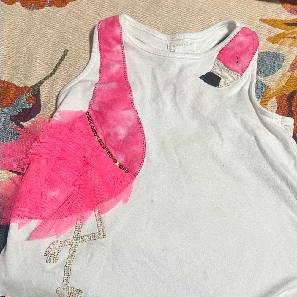 Mud Pie White Tank with Pink Flamingo Design
